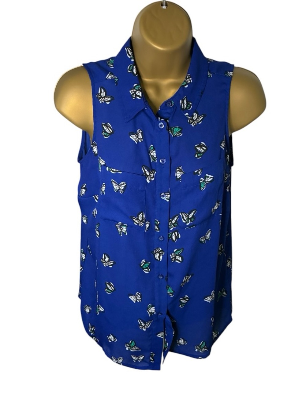 Apt. 9 Butterfly Print Sleeveless Button Front Blouse Blue PXS